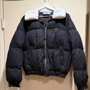 Black Puffer Jacket with White Sherpa Collar